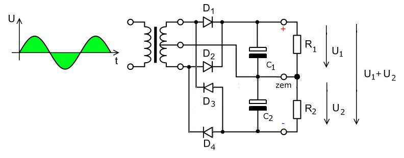 symetrický dvoucestný usměrňovač jako násobič 
	napětí